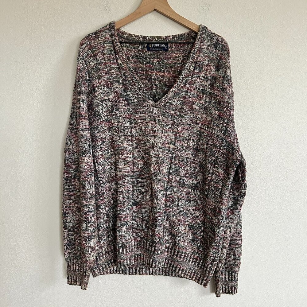 Vintage Puritan Sweater 3-D Knit V-Neck Pastel Pullover Dad Grandpa